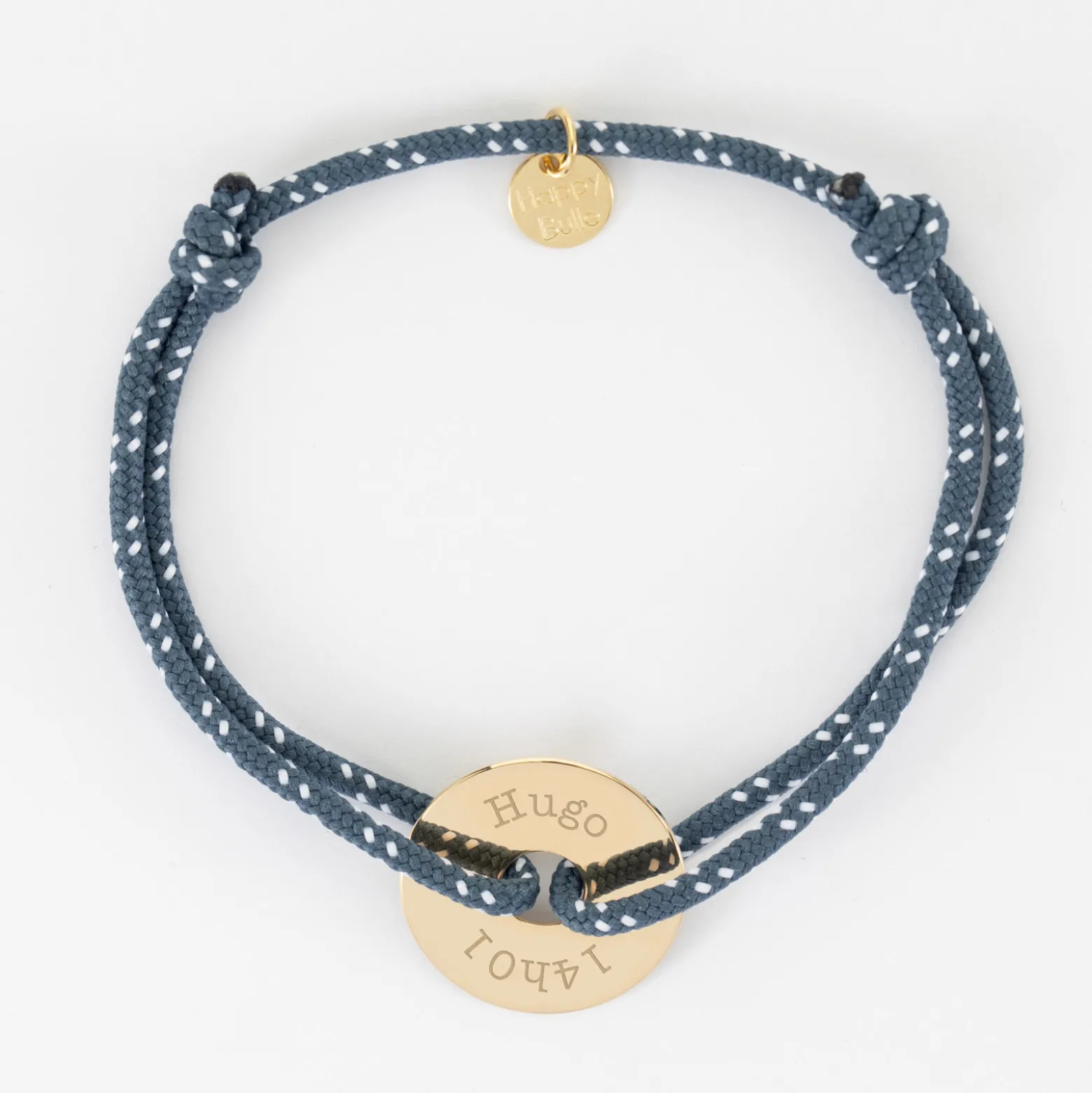 Bracelet homme personnalisé cordage marin simple médaille gravée plaqué or cible 20 mm
