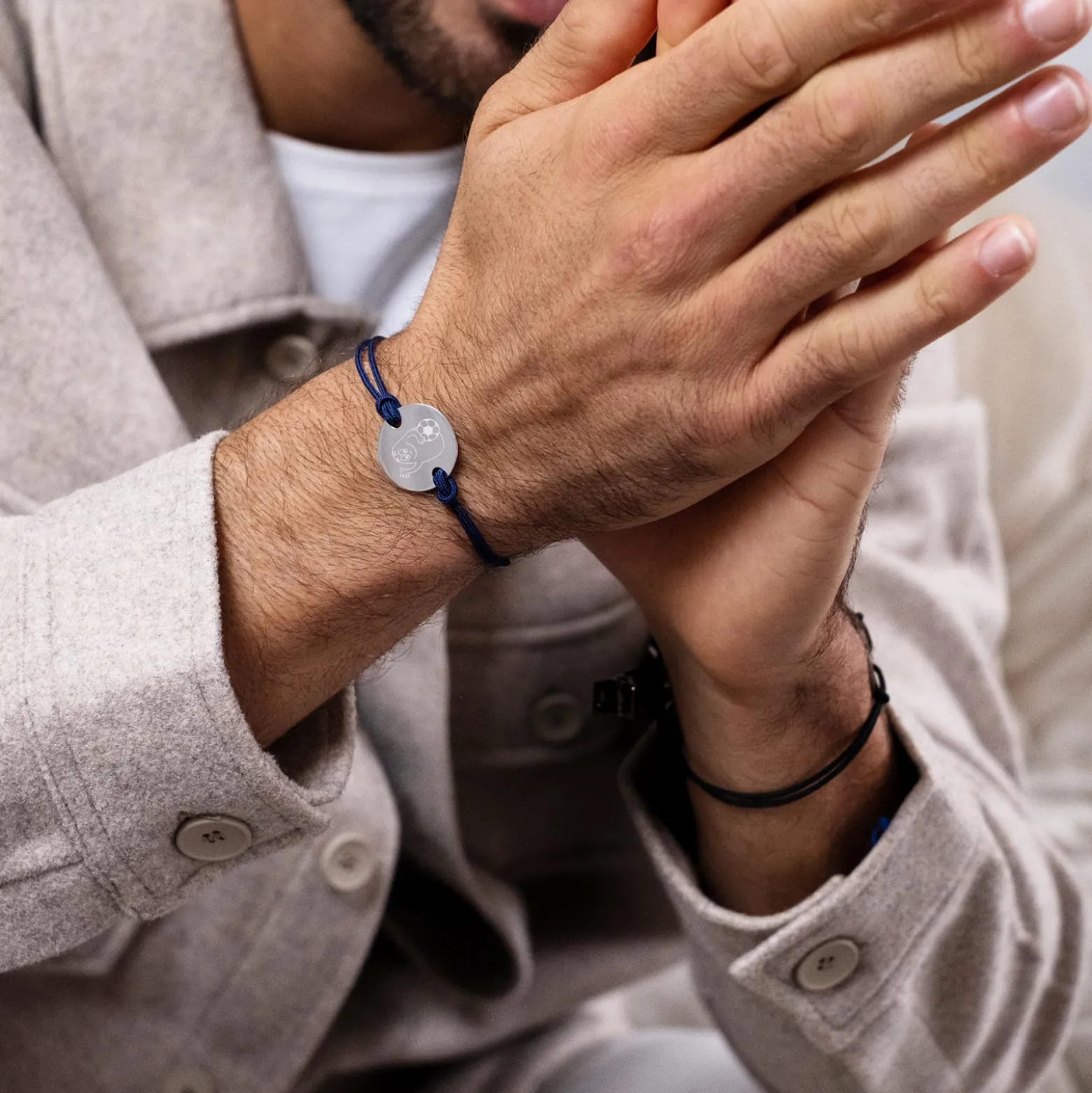 Bracelet homme personnalisé cordon doublé médaille gravée argent 2 trous 20 mm - HappyBulle x Barbapapa