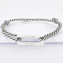 Bracelet homme personnalisé cordon tressé médaille gravée acier rectangle évidé 32x14 mm