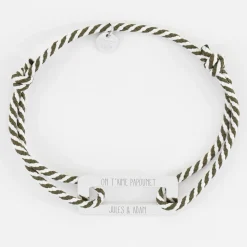 Bracelet homme personnalisé cordon tressé médaille gravée acier rectangle évidé 32x14 mm
