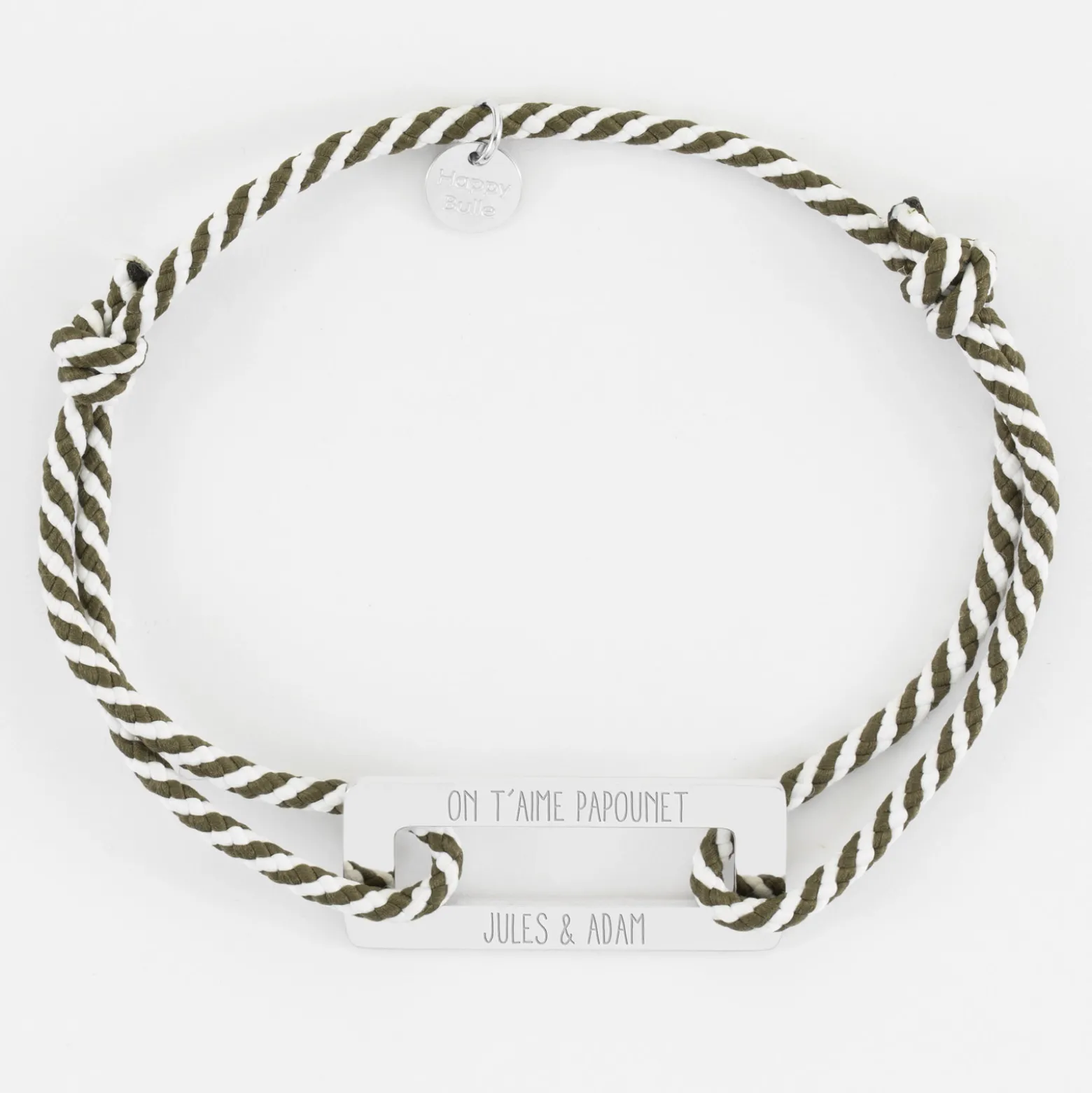 Bracelet homme personnalisé cordon tressé médaille gravée acier rectangle évidé 32x14 mm