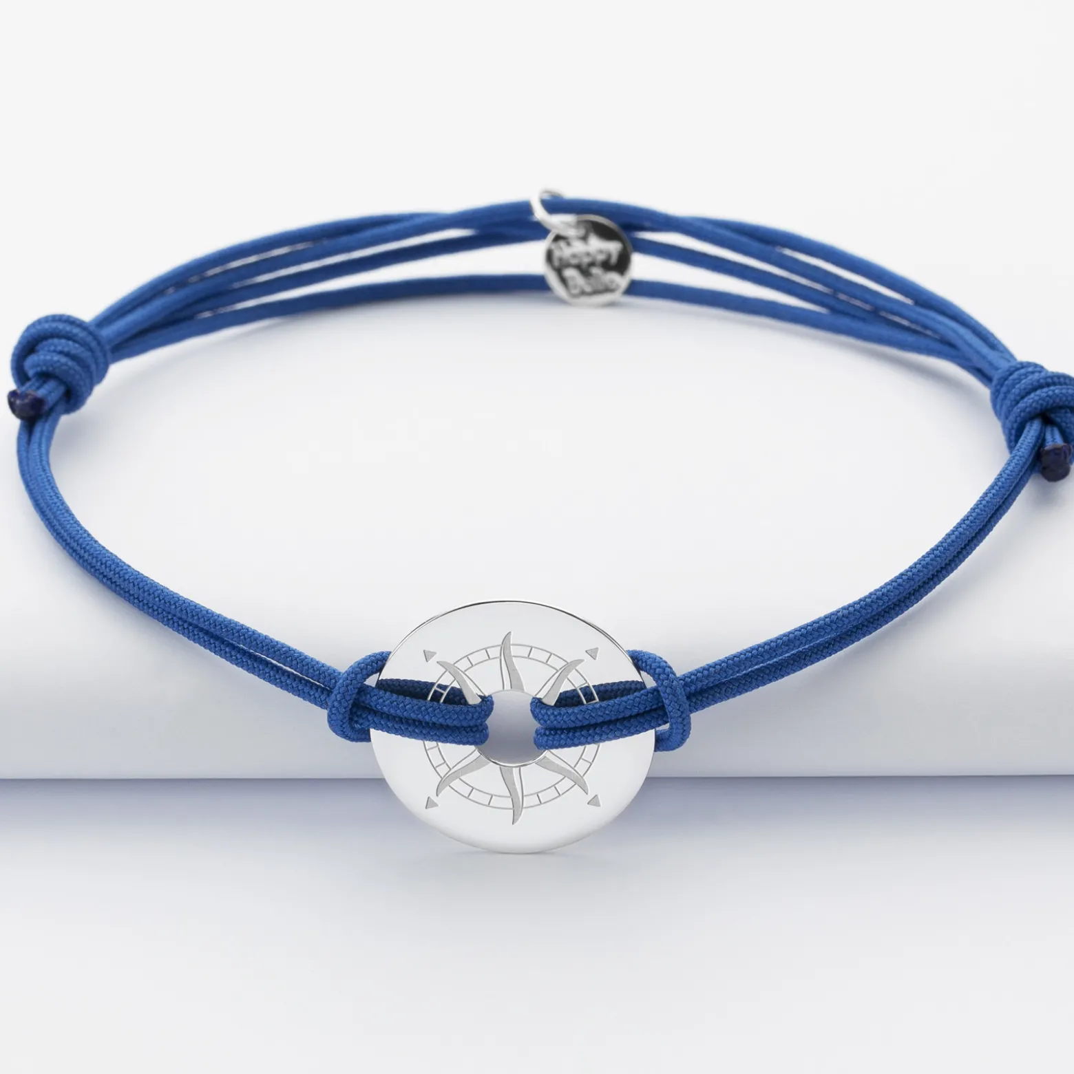 Bracelet homme personnalisé cordon double médaille gravée argent cible 20 mm - Edition spéciale Rose des vents