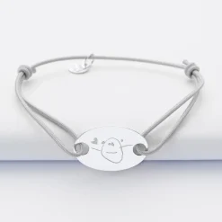 Bracelet homme personnalisé cordon simple médaille gravée argent ovale 2 trous 25x16 mm