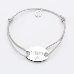 Bracelet homme personnalisé cordon simple médaille gravée argent ovale 2 trous 25x16 mm