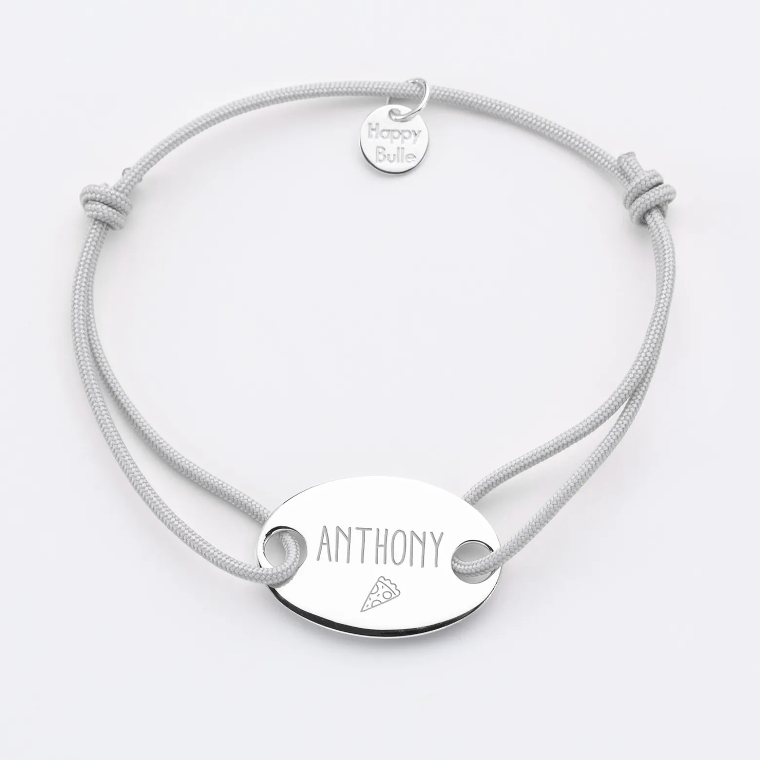 Bracelet homme personnalisé cordon simple médaille gravée argent ovale 2 trous 25x16 mm