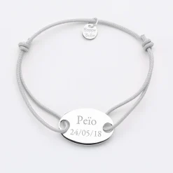 Bracelet homme personnalisé cordon simple médaille gravée argent ovale 2 trous 25x16 mm