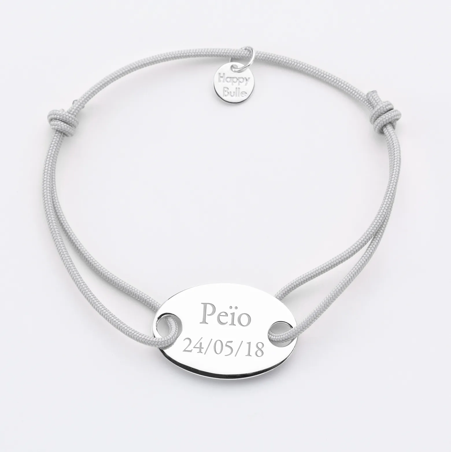 Bracelet homme personnalisé cordon simple médaille gravée argent ovale 2 trous 25x16 mm