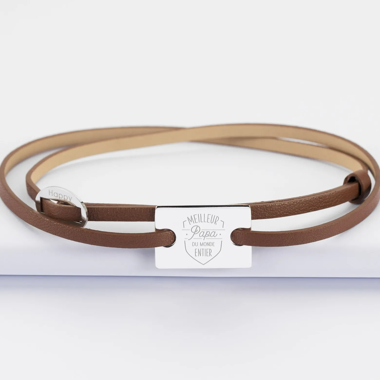 Bracelet homme personnalisé cuir médaille gravée argent rectangle 2 trous 23x16 mm
