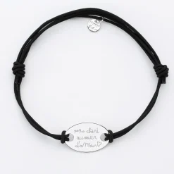 Bracelet homme personnalisé cordon doublé médaille gravée argent ovale 25x16 mm