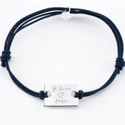 Bracelet homme personnalisé cordon doublé médaille gravée argent rectangle 23x16 mm - Nos petits imparfaits
