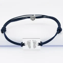 Bracelet homme personnalisé cordon doublé médaille gravée argent rectangle 23x16 mm - Nos petits imparfaits