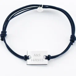 Bracelet homme personnalisé cordon doublé médaille gravée argent rectangle 23x16 mm - Nos petits imparfaits
