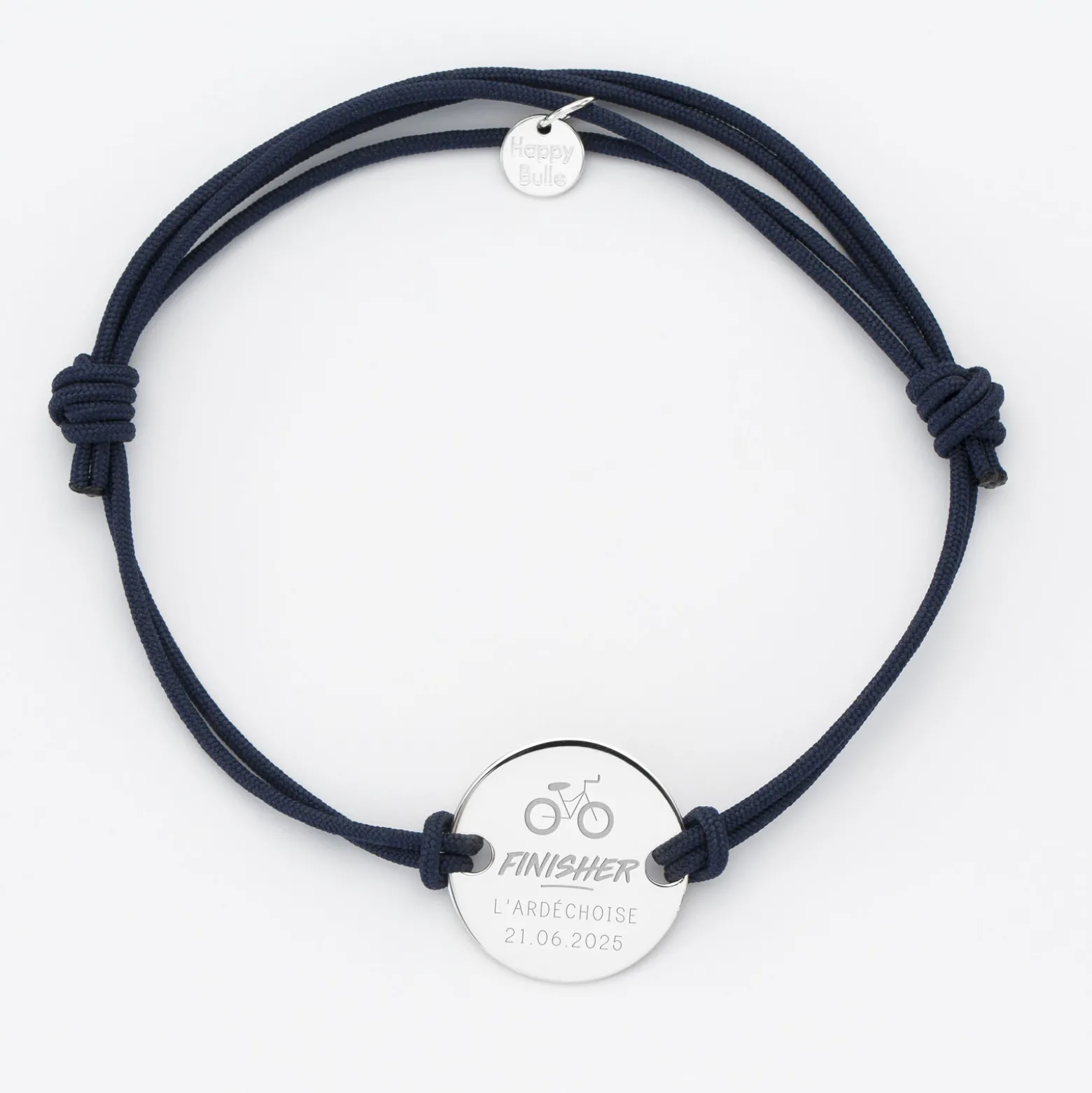 Bracelet homme personnalisé cordon doublé médaille gravée argent 2 trous 20 mm - Edition spéciale "Finisher"