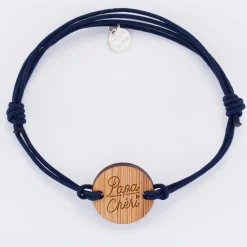 Bracelet homme personnalisé cordon double médaille gravée bois ronde 2 trous 21 mm