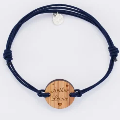 Bracelet homme personnalisé cordon double médaille gravée bois ronde 2 trous 21 mm
