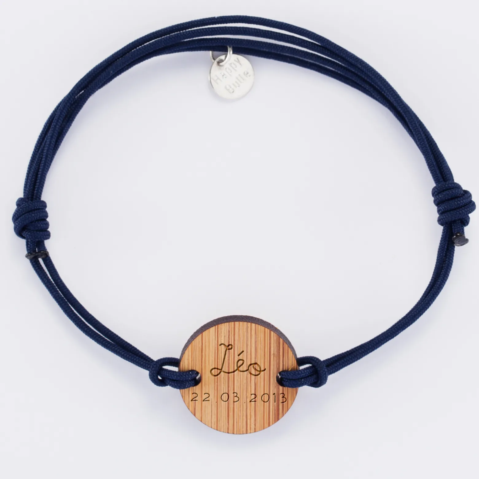 Bracelet homme personnalisé cordon double médaille gravée bois ronde 2 trous 21 mm