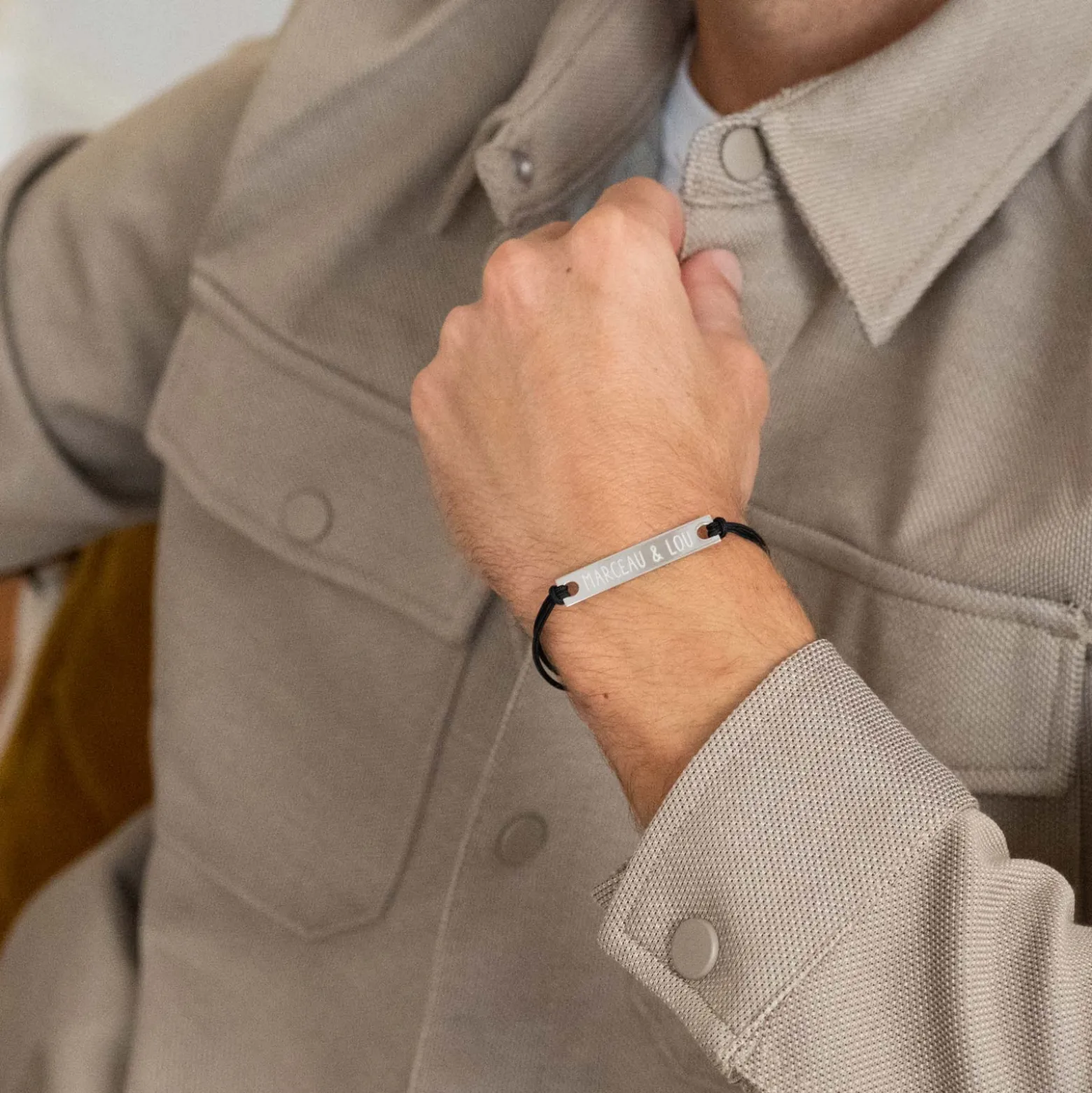 Bracelet homme personnalisé Spotify cordon doublé médaille gravée argent plaque 42x8 mm