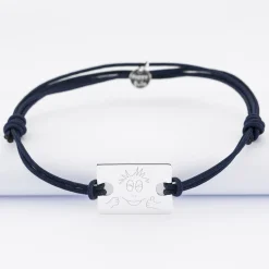 Bracelet homme personnalisé cordon doublé médaille gravée argent rectangle 23x16 mm - HappyBulle x Barbapapa