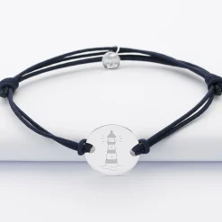 Bracelet homme personnalisé cordon doublé médaille gravée argent 2 trous 20 mm - Edition spéciale Marin