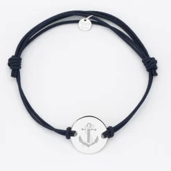 Bracelet homme personnalisé cordon doublé médaille gravée argent 2 trous 20 mm - Edition spéciale Marin