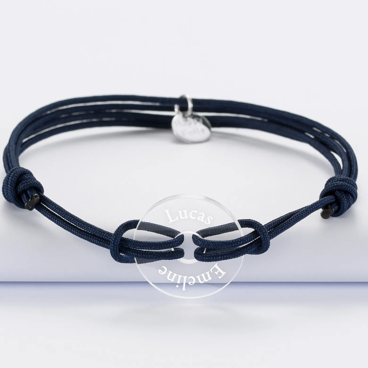 Bracelet homme personnalisé cordon double médaille gravée acrylique cible 21 mm