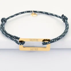Bracelet homme personnalisé cordage marin simple médaille gravée acier doré rectangle évidé 32x14 mm