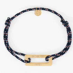 Bracelet homme personnalisé cordage marin simple médaille gravée acier doré rectangle évidé 32x14 mm