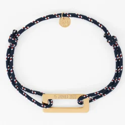 Bracelet homme personnalisé cordage marin simple médaille gravée acier doré rectangle évidé 32x14 mm