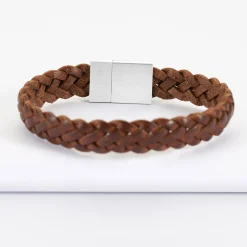 Bracelet homme personnalisé cuir tressé fermoir gravé acier 15x15 mm