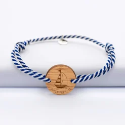 Bracelet homme personnalisé cordon marin tressé médaille gravée bois ronde 2 trous 21 mm - Edition spéciale Marin