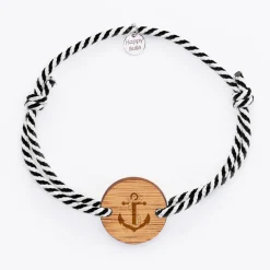 Bracelet homme personnalisé cordon marin tressé médaille gravée bois ronde 2 trous 21 mm - Edition spéciale Marin