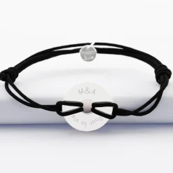Bracelet homme personnalisé cordon double médaille gravée argent cible soleil 20 mm