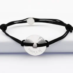 Bracelet homme personnalisé cordon double médaille gravée argent cible soleil 20 mm