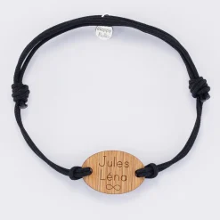 Bracelet homme personnalisé cordon double médaille gravée bois ovale 2 trous 25x17 mm