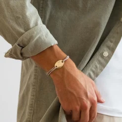 Bracelet homme personnalisé cordon marin tressé médaille gravée plaqué or ovale 25x16 mm - Happybulle x Barbapapa