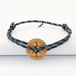 Bracelet homme personnalisé cordage marin simple médaille gravée bois cible ronde 21 mm - Edition spéciale Rose des vents