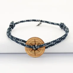 Bracelet homme personnalisé cordage marin simple médaille gravée bois cible ronde 21 mm - Edition spéciale Rose des vents
