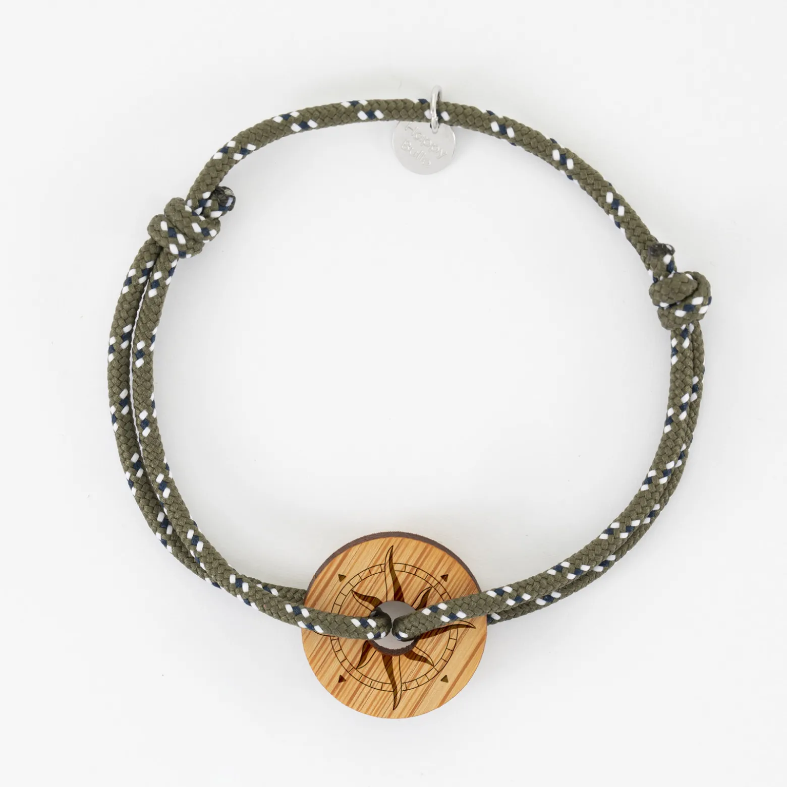 Bracelet homme personnalisé cordage marin simple médaille gravée bois cible ronde 21 mm - Edition spéciale Rose des vents