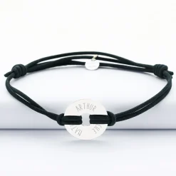 Bracelet homme personnalisé cordon cuir double médaille gravée cible argent 20 mm