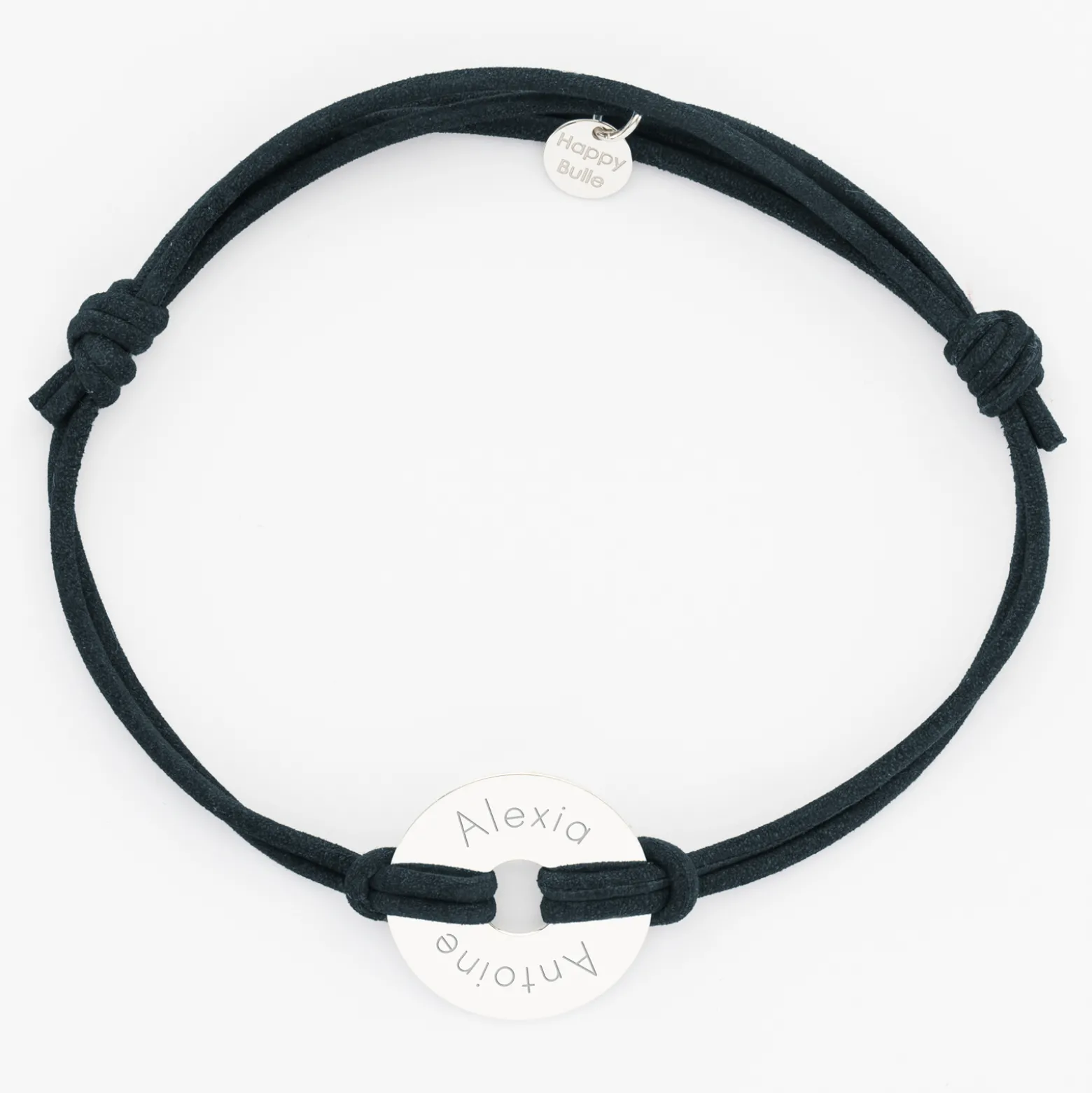 Bracelet homme personnalisé cordon cuir double médaille gravée cible argent 20 mm