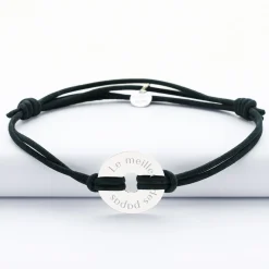 Bracelet homme personnalisé cordon cuir double médaille gravée cible argent 20 mm