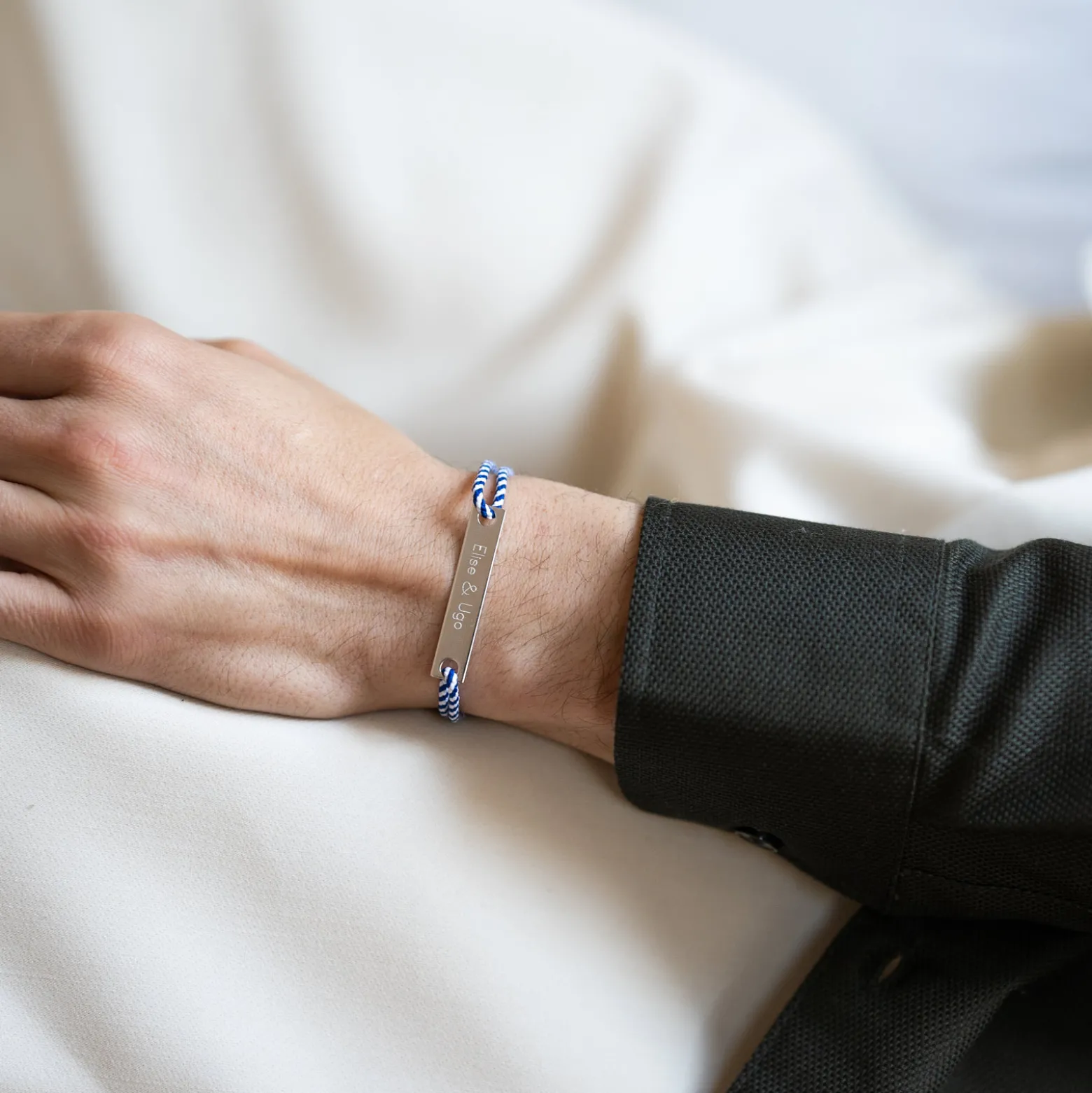 Bracelet homme personnalisé cordon marin tressé médaille gravée argent plaque 42x8 mm