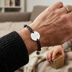 Bracelet homme personnalisé cordage marin simple médaille gravée argent 2 trous 20 mm