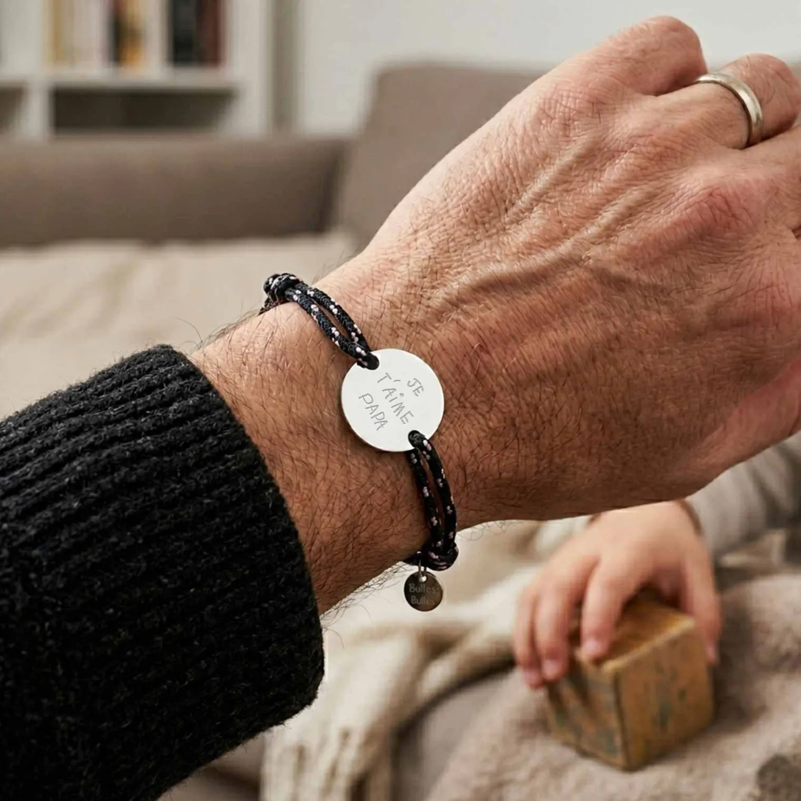 Bracelet homme personnalisé cordage marin simple médaille gravée argent 2 trous 20 mm