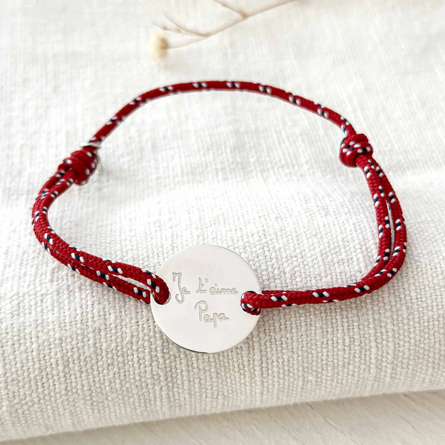 Bracelet homme personnalisé cordage marin simple médaille gravée argent 2 trous 20 mm