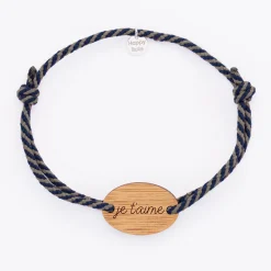 Bracelet homme personnalisé cordon marin tressé médaille gravée bois ovale 2 trous 25x17 mm