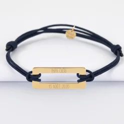 Bracelet homme personnalisé cordon double médaille gravée acier doré rectangle évidé 32x14 mm