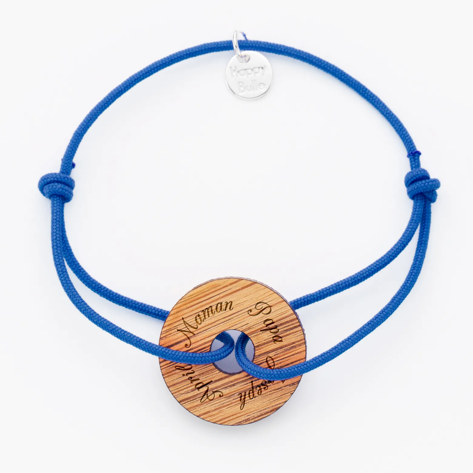 Bracelet homme personnalisé cordon simple médaille gravée bois cible ronde 21 mm