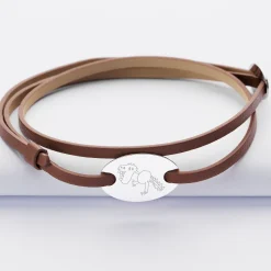 Bracelet homme personnalisé cuir médaille gravée argent ovale 2 trous 25x16 mm