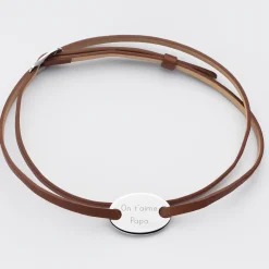 Bracelet homme personnalisé cuir médaille gravée argent ovale 2 trous 25x16 mm